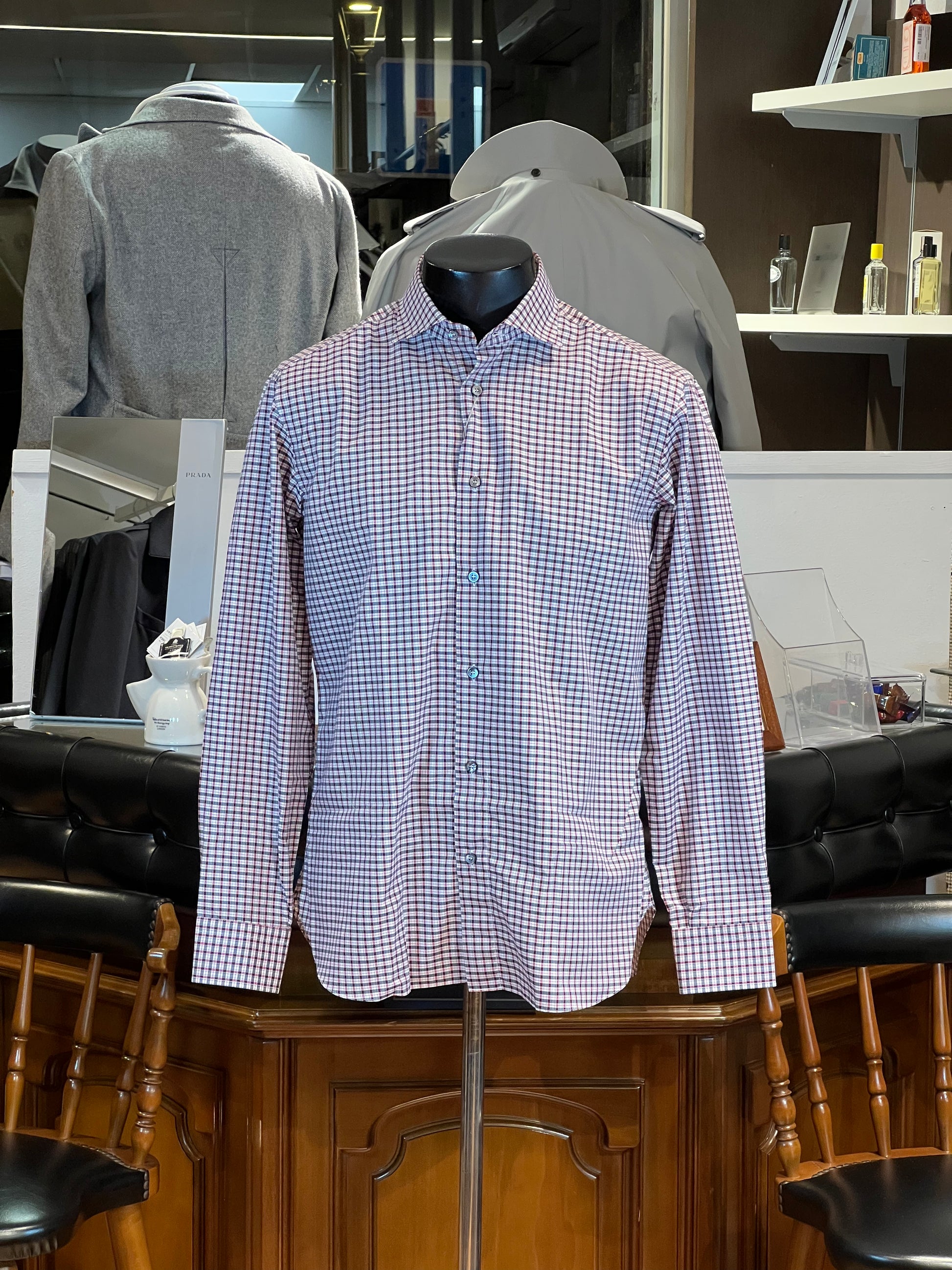 Camisa Brioni Lujo Algodón Micro-Cuadros Burdeos Sastre