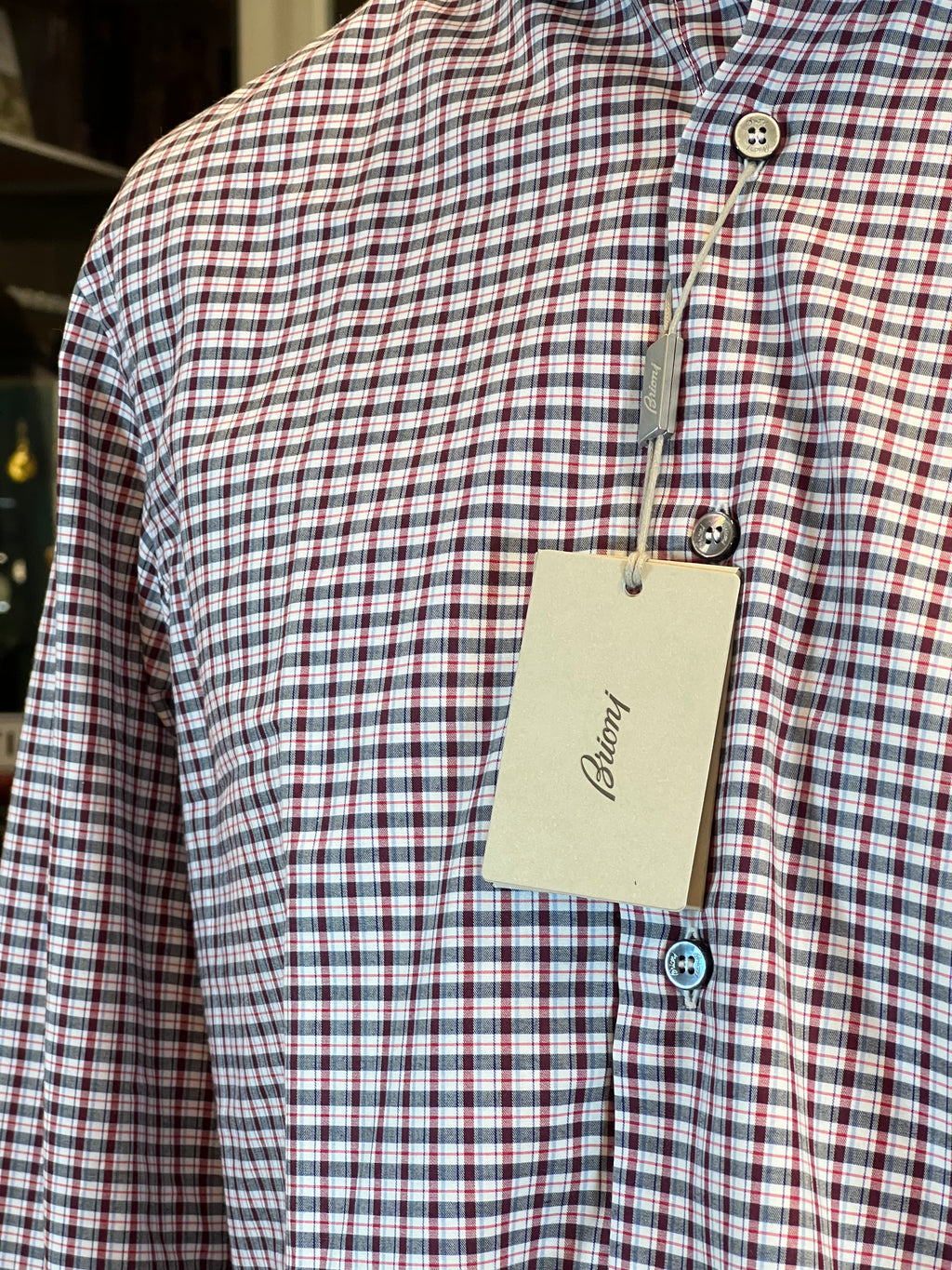 Camisa Brioni Lujo Algodón Micro-Cuadros Burdeos Sastre