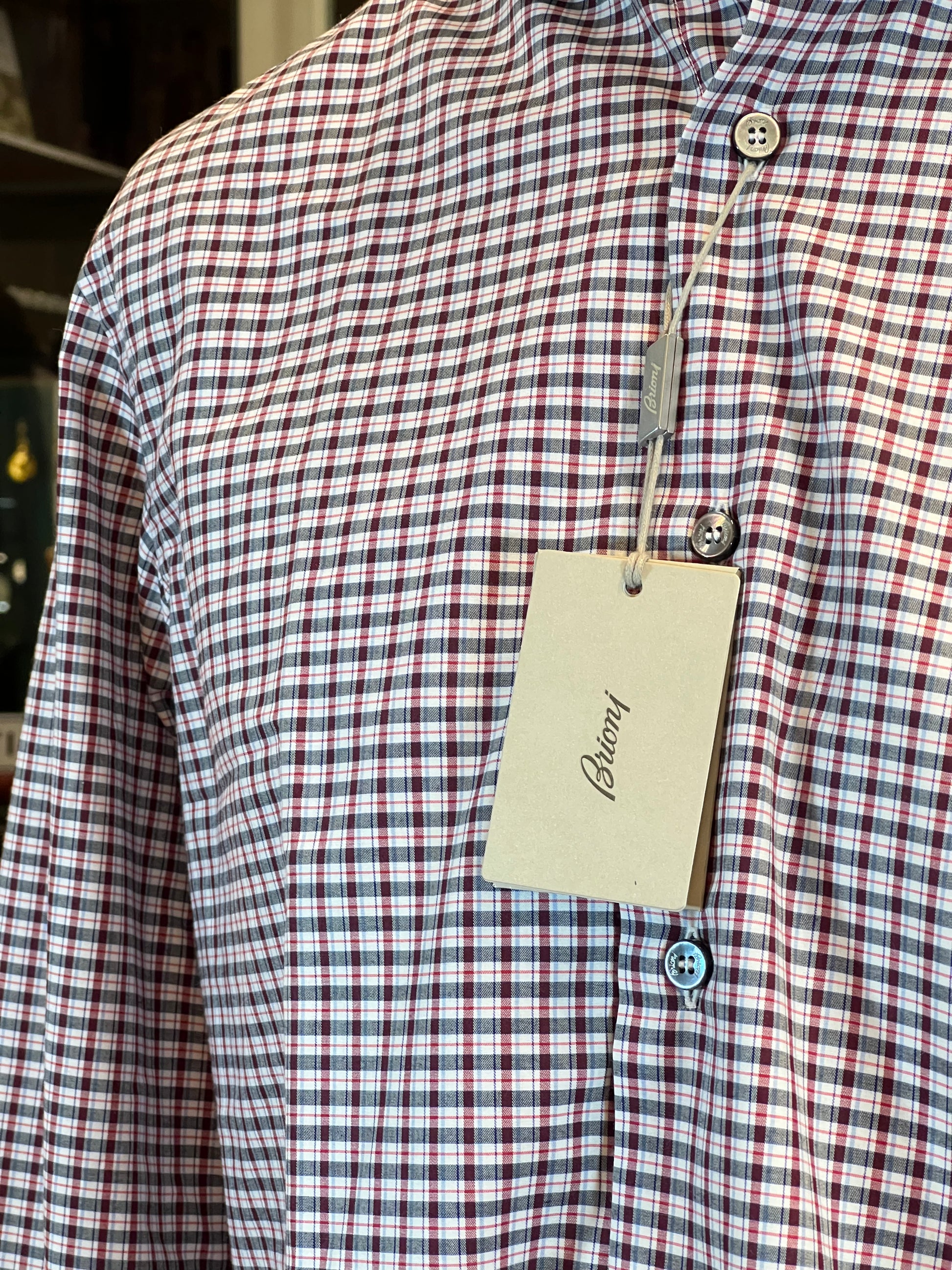 Camisa Brioni Lujo Algodón Micro-Cuadros Burdeos Sastre